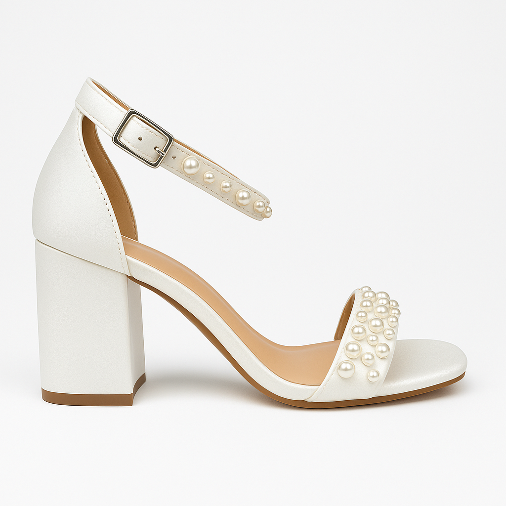White sandal with pearl embellishments on a white background